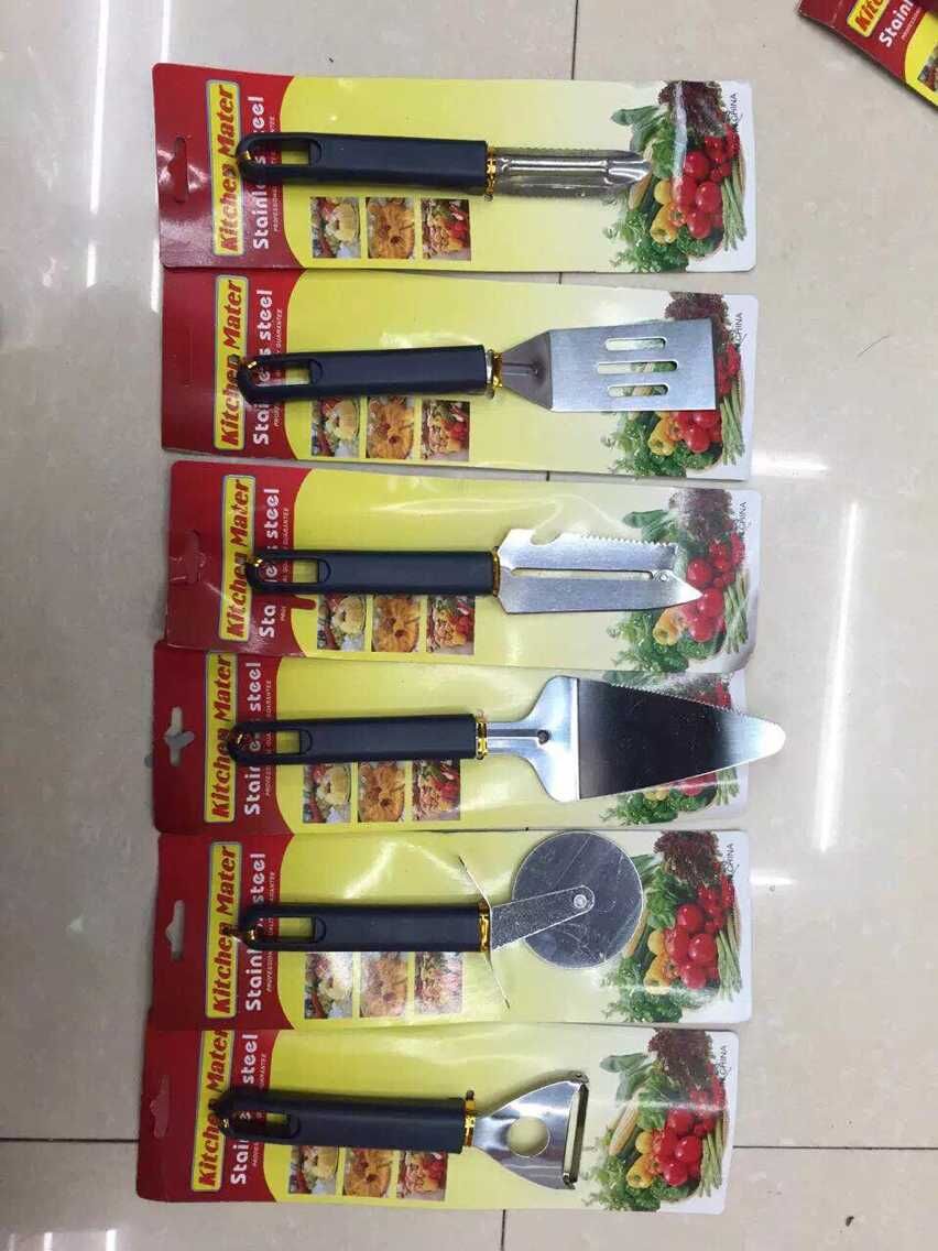 Pointed-tipped kitchen tools: flat-head grater, pizza knife, cheese spatula, Y-shaped grater, scraper, and fruit knife details Picture