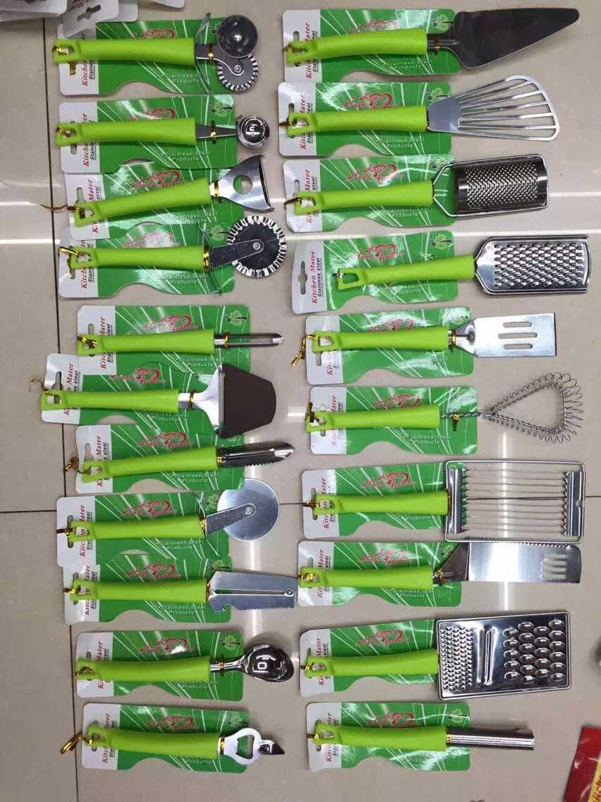 Pointed-tipped kitchen tools: flat-head grater, pizza knife, cheese spatula, Y-shaped grater, scraper, and fruit knife details Picture