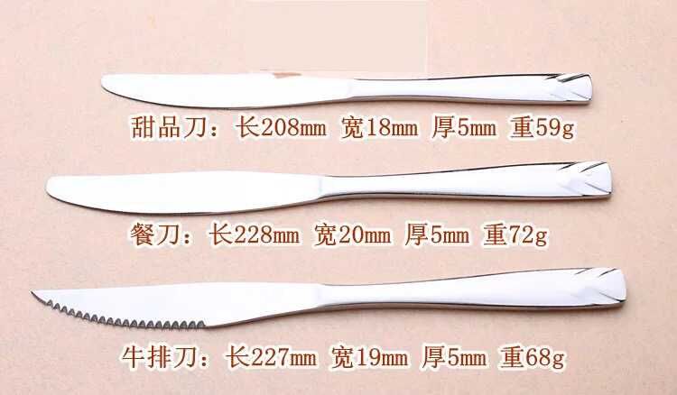 Western tableware: stainless steel steak knives, forks, spoons, dessert spoons, cake spatulas, coffee spoons, long-handled spoons Specification image