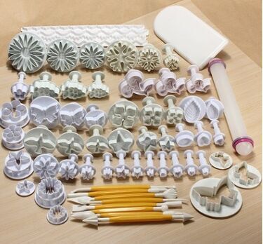 diy Fondant Cake tool Set of 68 pieces: Shaping tools, embossing molds, cutting molds, engraving knives, and rolling pins