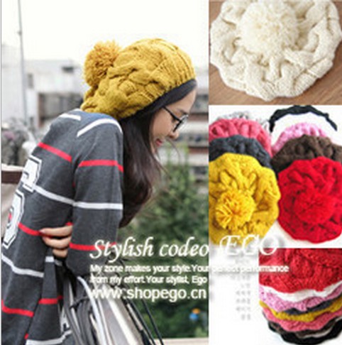 南瓜帽大球贝雷帽 粗毛线针织帽子 可爱女绒线帽