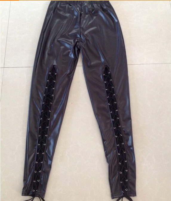 Large-sized black faux leather back lace-up sexy leggings, knitted coated leather pants Application Scenario