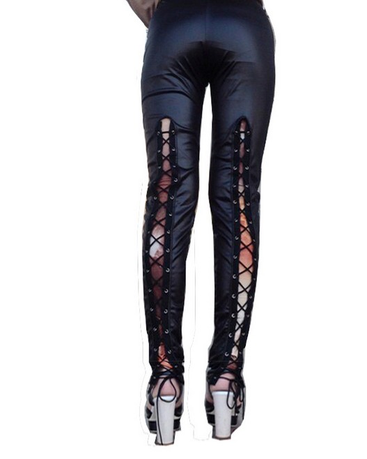 Large-sized black faux leather back lace-up sexy leggings, knitted coated leather pants Specification image