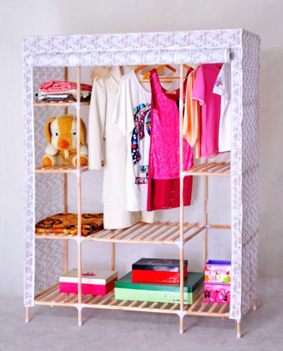 实木特大号简易衣柜 牛津布加厚木质卷帘三门衣柜