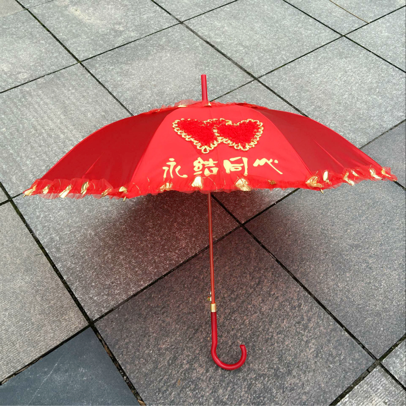 国潮结婚新娘伞大红伞长柄雨伞细节图