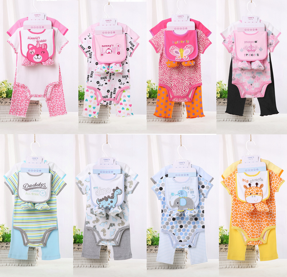 婴儿五件套装宝宝纯棉短袖上衣包屁服哈衣口水兜