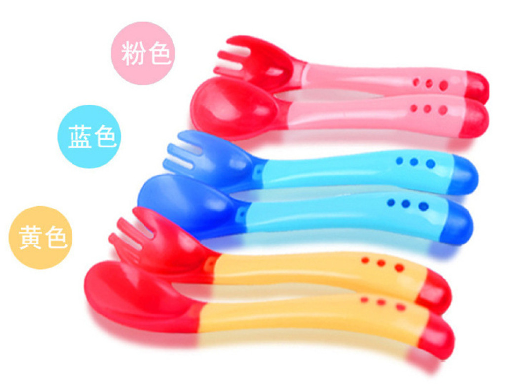 Temperature-sensitive silicone soft-tipped soup spoons, baby fork spoons, baby feeding tableware Specification image