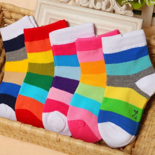 Children's rainbow striped cartoon socks, all-cotton rainbow striped baby socks