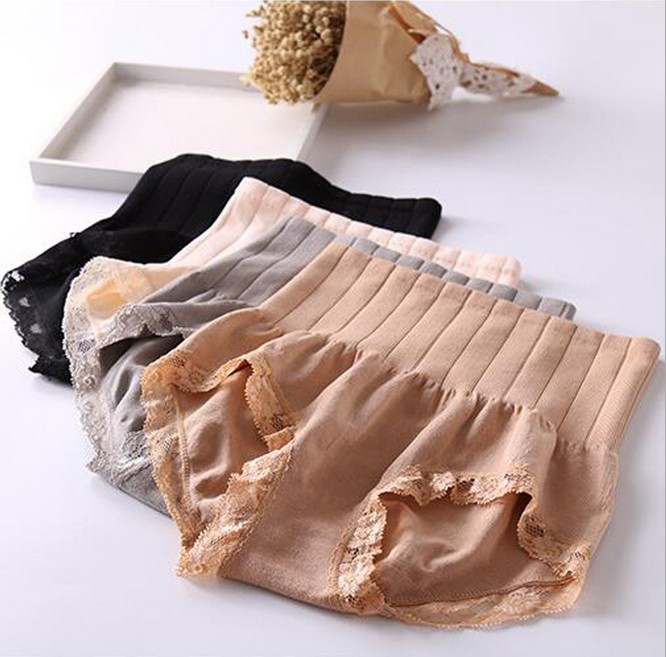 Pure cotton high-waisted, hip-lifting and belt-cinching lace-trimmed women's briefs, triangle pants