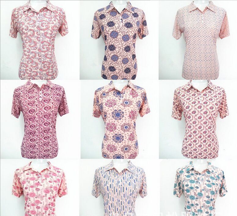 New women's summer short-sleeved T-shirt with ice silk lapel print for middle-aged and elderly women