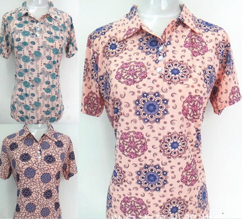 New women's summer short-sleeved T-shirt with ice silk lapel print for middle-aged and elderly women details Picture