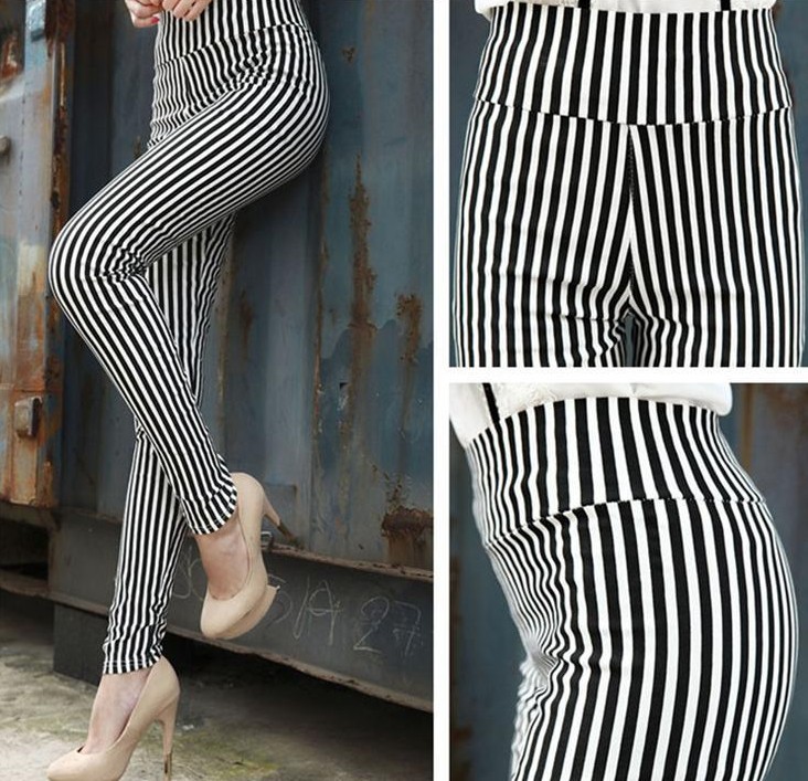 Women's black and white striped high-elastic casual pants, high-waisted nine-point outerwear leggings details Picture