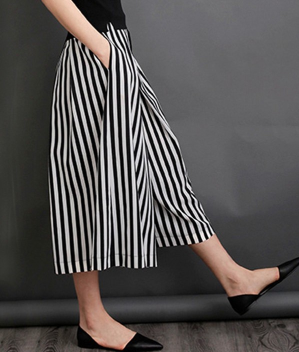 New women's striped wide-leg pants, loose flared pants, plaque-sized casual pants, nine-inch wide-leg culottes details Picture