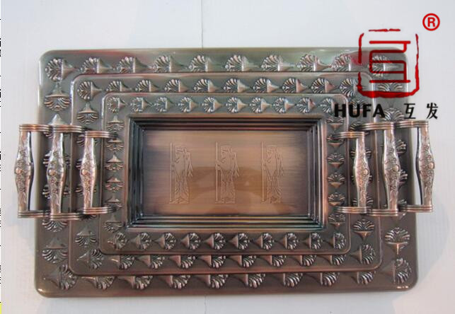Trapezoidal square plate plated with red copper and bronze (edge flower B) three-piece set of artistic plate
