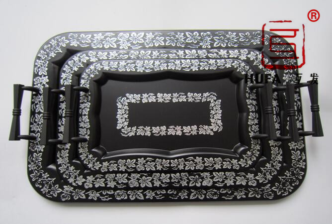 The Cuihua square plate is sprayed with a light red color. Beige, light green and black three-piece set details Picture