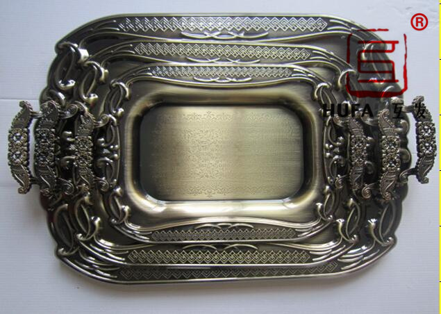 The gold-plated square plate is plated with red copper. Three-piece bronze Arabian plate set details Picture