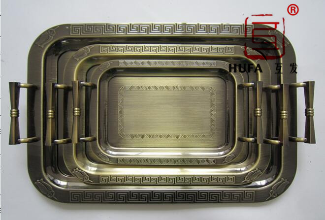 Stainless steel flat-edge square plate plated with red copper. Three-piece bronze craft plate set details Picture