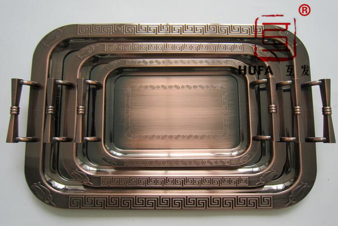 Stainless steel flat-edge square plate plated with red copper. Three-piece bronze craft plate set