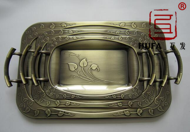 Egg-shaped square plate plated with red copper, bronze three-piece set plate, Arabic plate details Picture