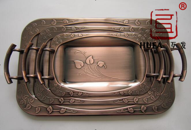 Egg-shaped square plate plated with red copper, bronze three-piece set plate, Arabic plate