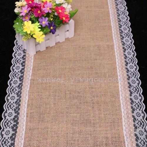 Package two lace-trimmed linen table flags and fresh flower packaging materials
