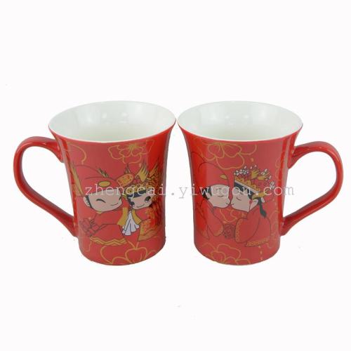 Wedding ceramic red glaze pair cups, red couple pair cups for the bride's dowry