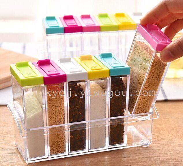 Creative transparent plastic seasoning box set for kitchenware, salt, monosodium glutamate, sugar, seasoning storage box, seasoning bottle and jar Application Scenario