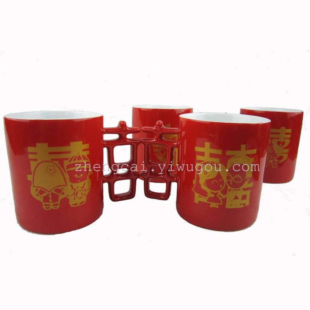 Wedding ceramic red glaze pair cups, red couple pair cups for the bride's dowry details Picture