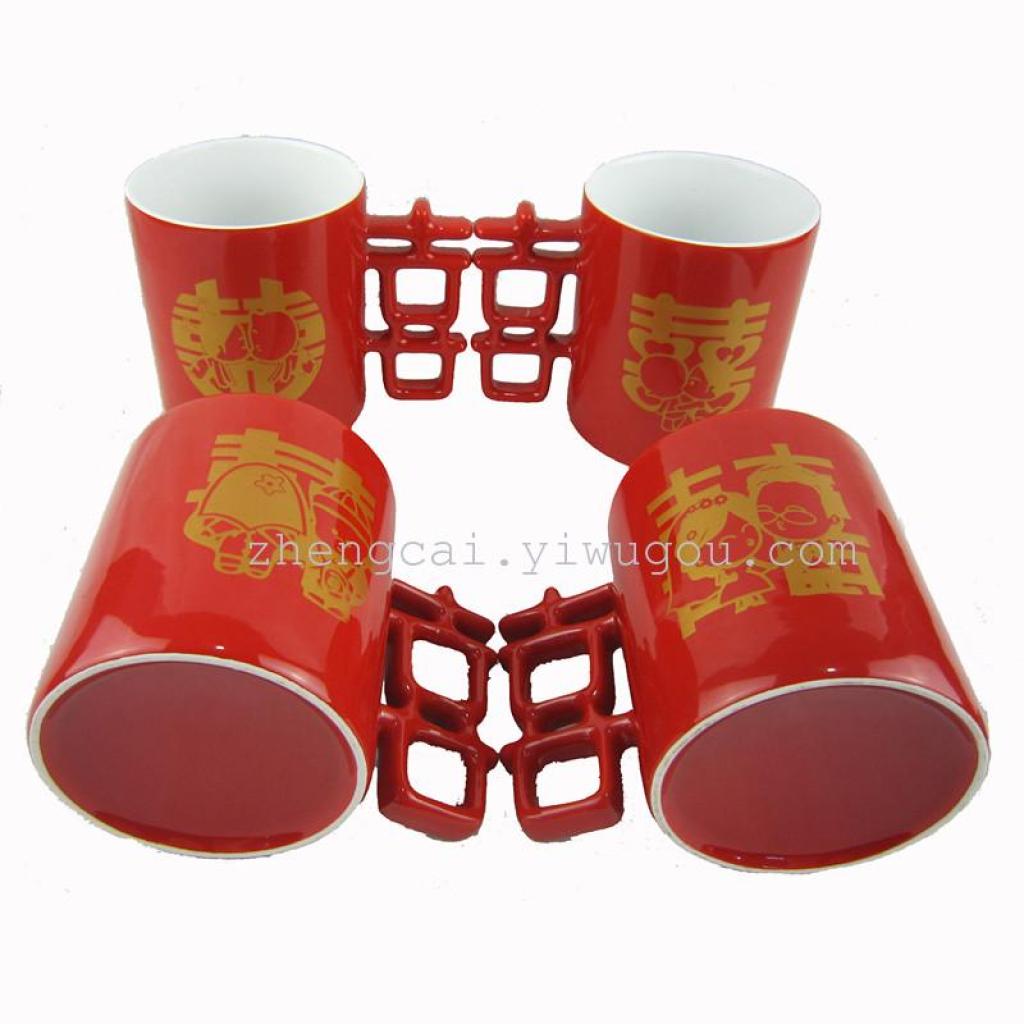 Wedding ceramic red glaze pair cups, red couple pair cups for the bride's dowry Specification image