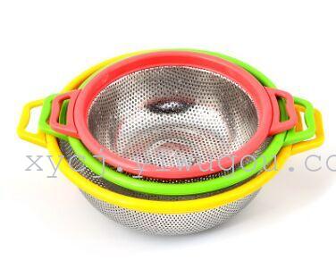 Colorful stainless steel multi-purpose fruit and vegetable basket, rice-washing and draining basket, perforated and hollowed-out double-ear fruit and vegetable blue storage basket