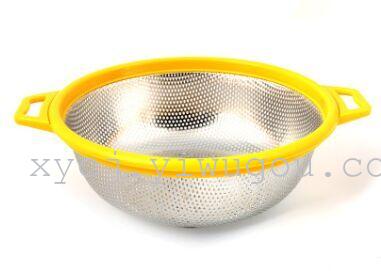 Colorful stainless steel multi-purpose fruit and vegetable basket, rice-washing and draining basket, perforated and hollowed-out double-ear fruit and vegetable blue storage basket Specification image