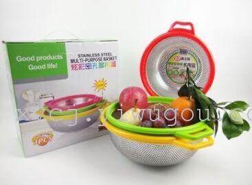 Colorful stainless steel multi-purpose fruit and vegetable basket, rice-washing and draining basket, perforated and hollowed-out double-ear fruit and vegetable blue storage basket Application Scenario