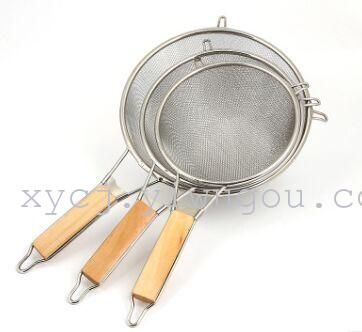 Factory direct sales: 18CM stainless steel oil-frying basket with wooden handle, filter screen, double-ear hanging