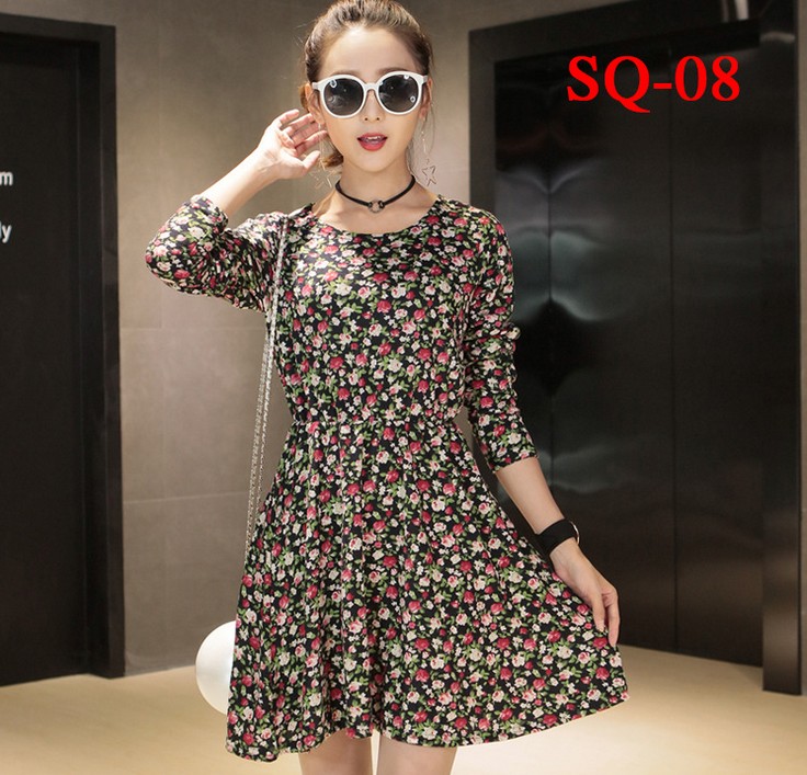 Floral print plus-size women's slimming dress, slimming printed long-sleeved women's dress Application Scenario