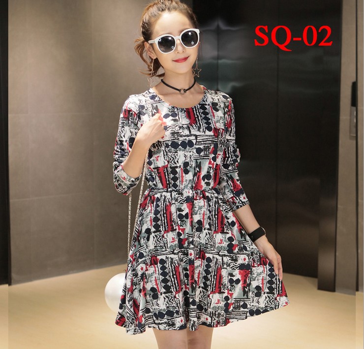 Floral print plus-size women's slimming dress, slimming printed long-sleeved women's dress details Picture