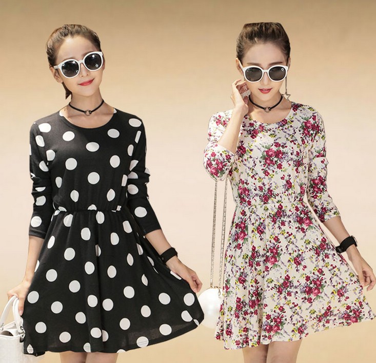 Floral print plus-size women's slimming dress, slimming printed long-sleeved women's dress