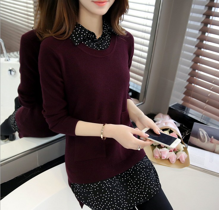 The new Korean-style patchwork fake two-piece knitted sweater pullover for women's sweater coat is trendy