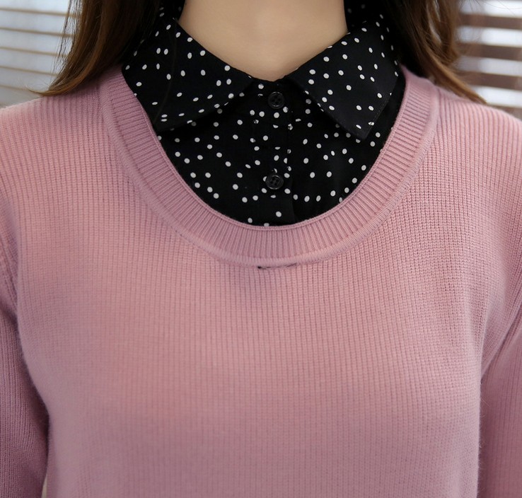The new Korean-style patchwork fake two-piece knitted sweater pullover for women's sweater coat is trendy details Picture