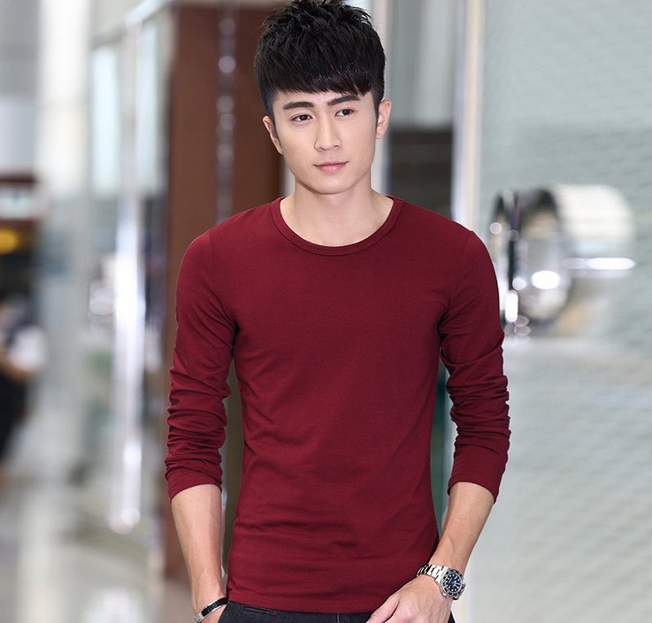 Long-sleeved autumn men's base layer shirt for foreign trade, solid-color V-neck T-shirt, youth sports T-shirt