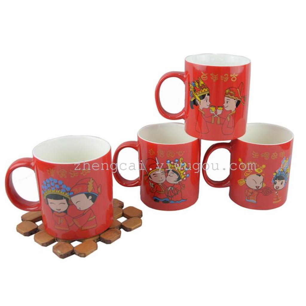 Wedding ceramic red glaze pair cups, red couple pair cups for the bride's dowry details Picture