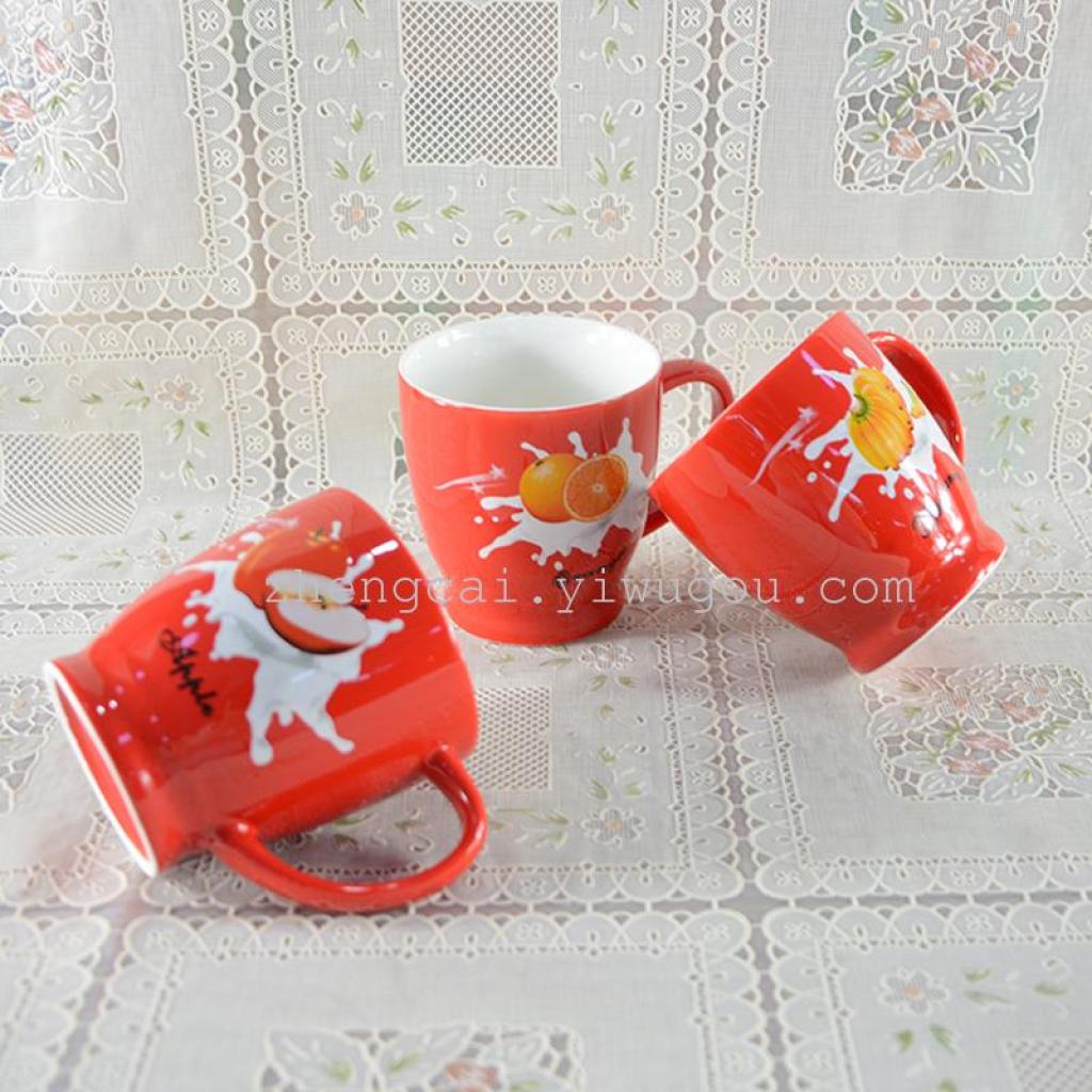 Red glaze ceramic fruit pattern coffee cup OEM export customized advertising cup Specification image