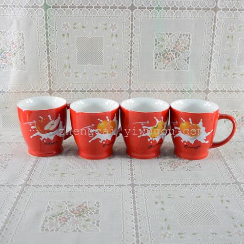 Red glaze ceramic fruit pattern coffee cup OEM export customized advertising cup