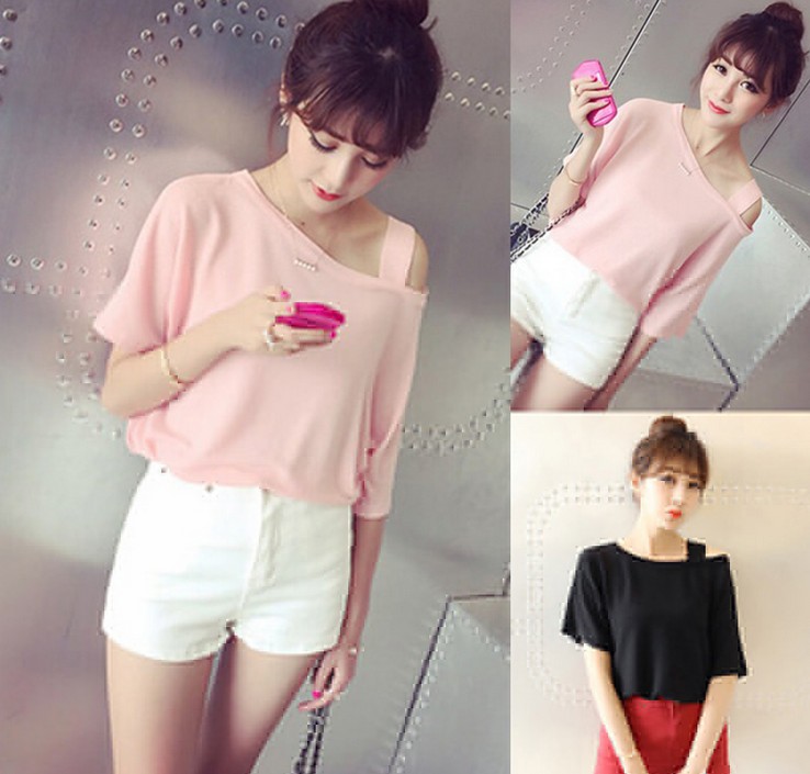 大码女装性感个性斜露肩吊带上衣服宽松甜美半袖T恤