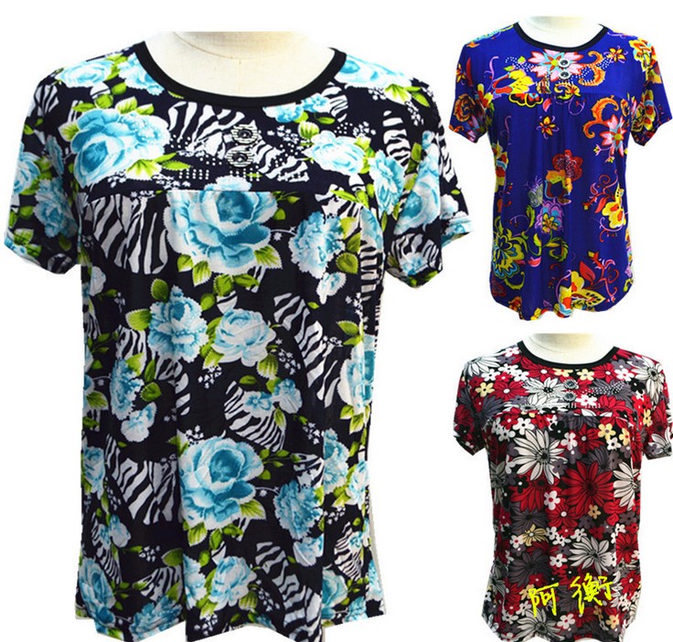 Middle-aged and elderly people's ice silk T-shirt, women's short-sleeved T-shirt, mom's summer wear