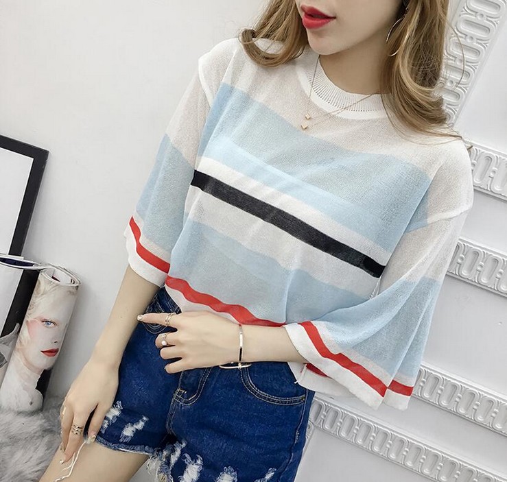 Korean-style striped thin cut-out see-through knitted sweater for women, half-sleeved loose large-sized flared sleeve top