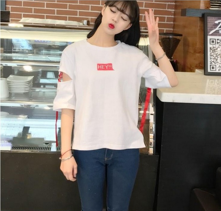 Loose and slimming woven strap letter-printed perforated T-shirt for women, versatile top HEY mid-sleeve Specification image