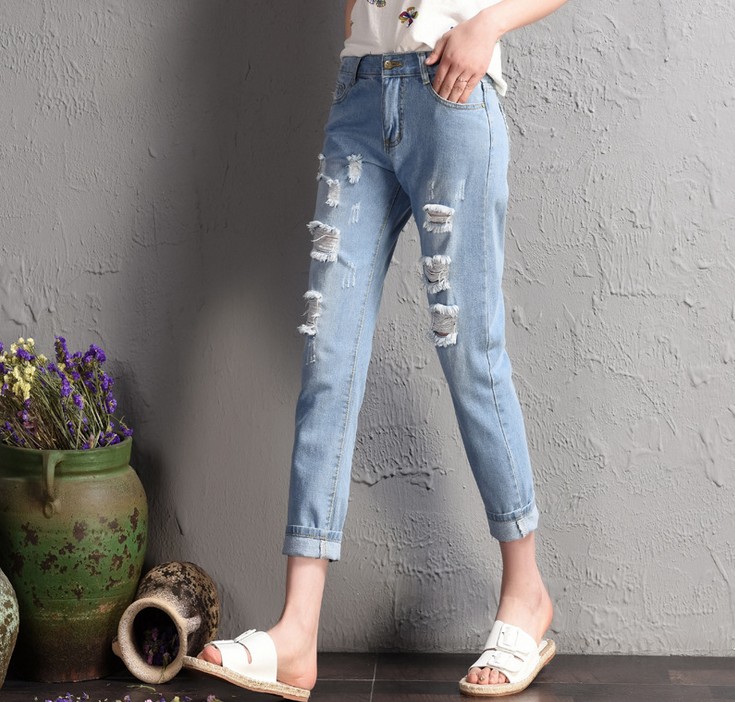 New stretched-waist nine-inch jeans for women, ripped jeans for female students, Korean style, trendy