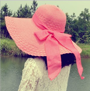 沙滩帽大沿帽 夏天蝴蝶结圆顶遮阳帽 大檐女士草帽