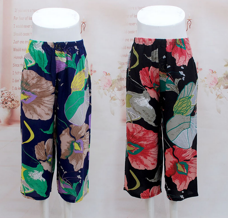 Summer embossed eight-length pants for middle-aged and elderly people, cotton silk wide-leg pants, women's pants, elastic waist printed wide-leg pants Specification image