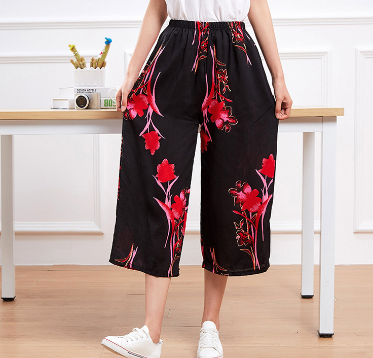 Summer embossed eight-length pants for middle-aged and elderly people, cotton silk wide-leg pants, women's pants, elastic waist printed wide-leg pants details Picture
